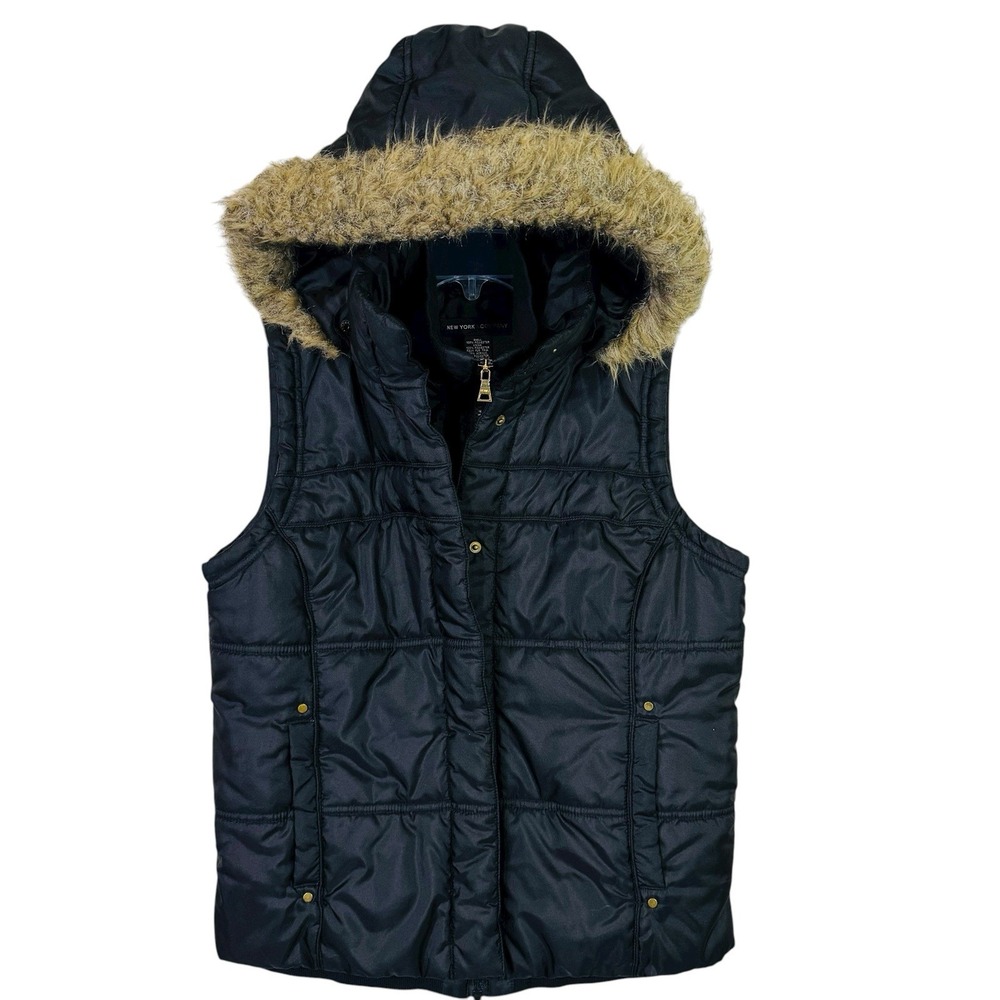 New York & Company Women's Hooded Puffer S Faux‎ Fur Trim Vest